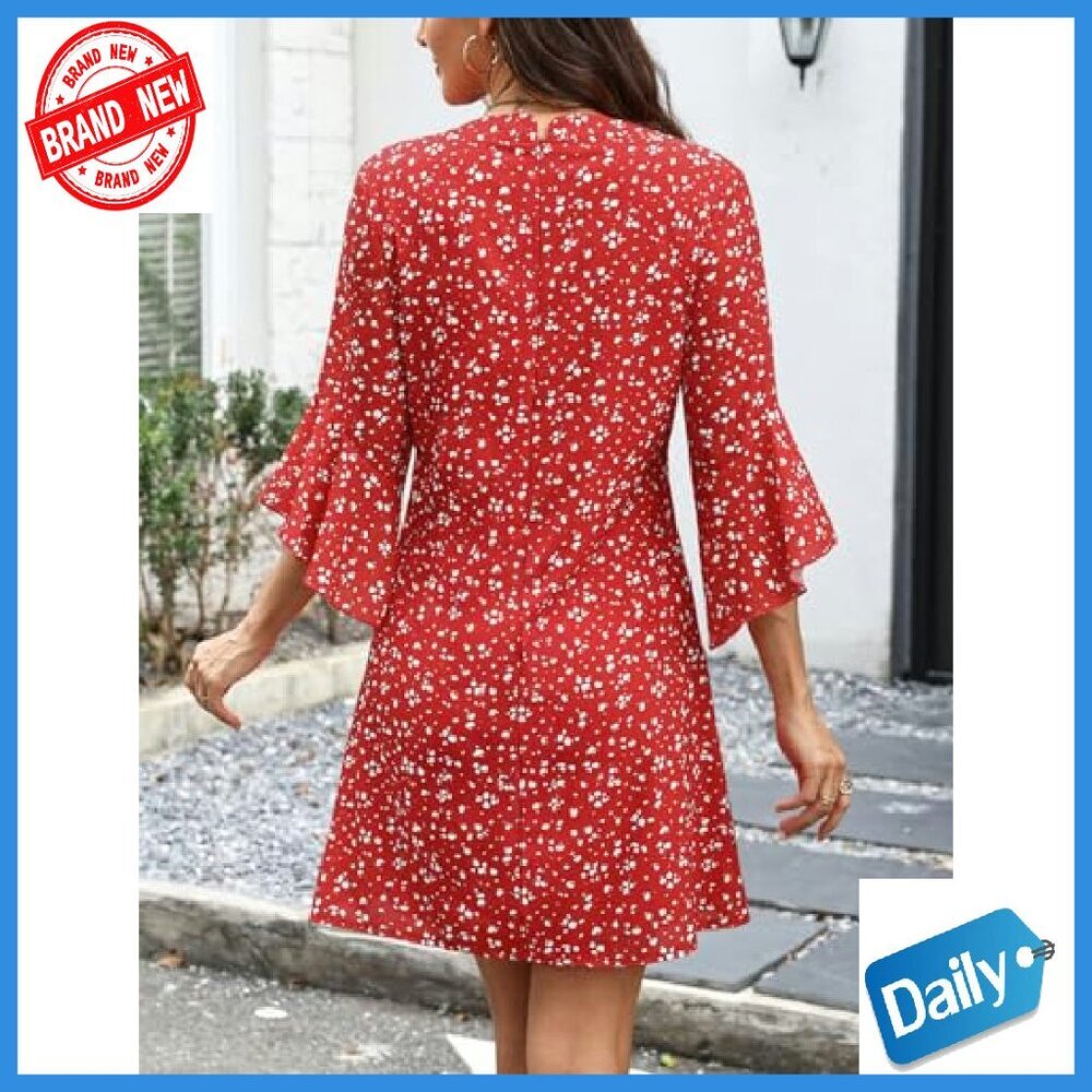 Lightweight Floral 3/4 Sleeve V-Neck A-Line Dress Casual Summer - Picture 3 of 7
